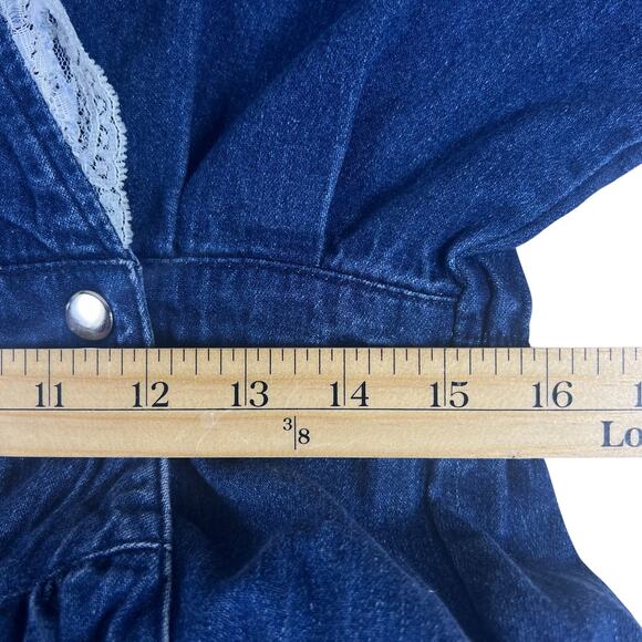 Vintage 80s Denim Prairie Dress Lace Collar M/L Cottagecore Coastal Cowgirl Midi - Picture 11 of 12